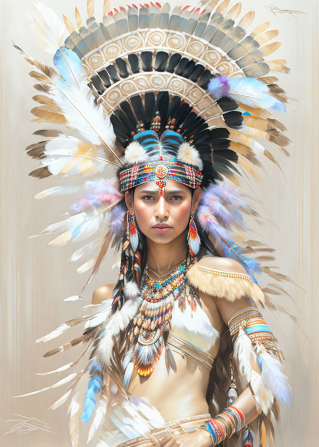 Person in Elaborate Feather Headdress and Traditional Wear Portrait