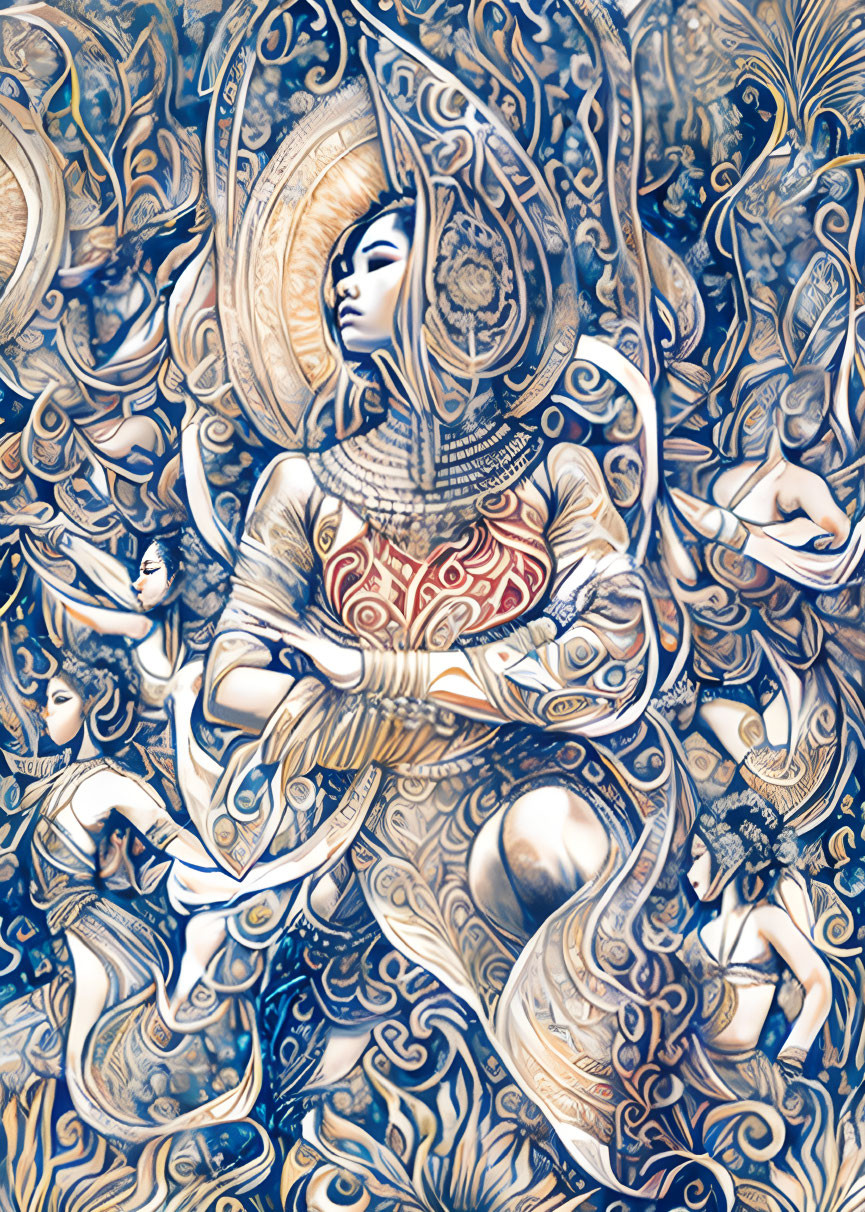 Detailed Blue and Gold Serene Figure Illustration with Ornate Swirls