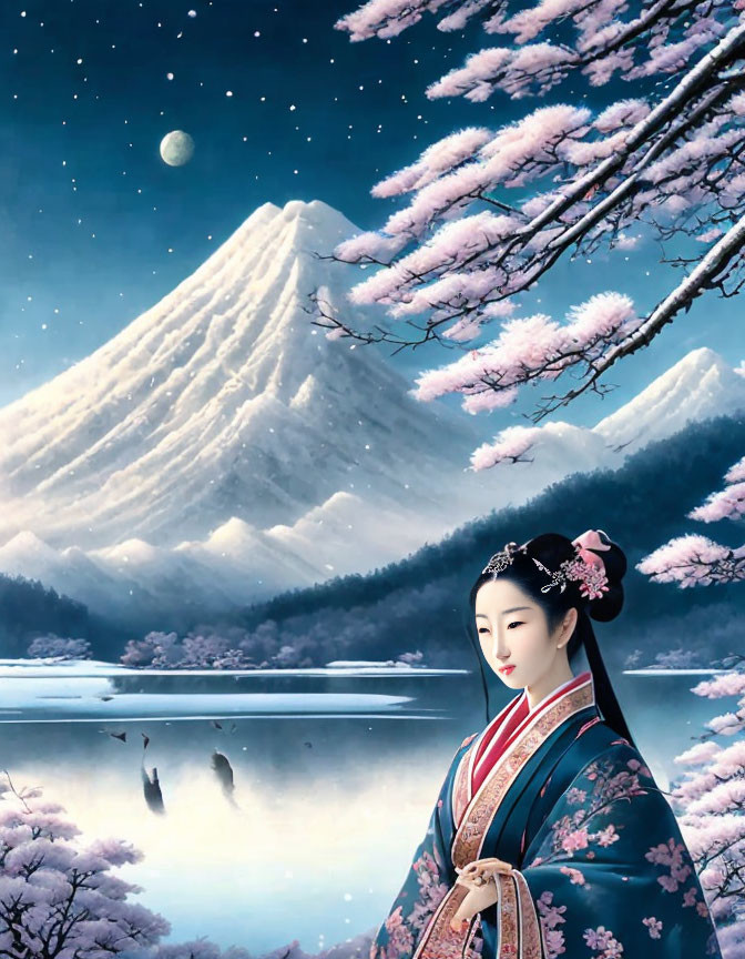 Traditional attire woman by lake with cherry blossoms, snowy mountains, crescent moon