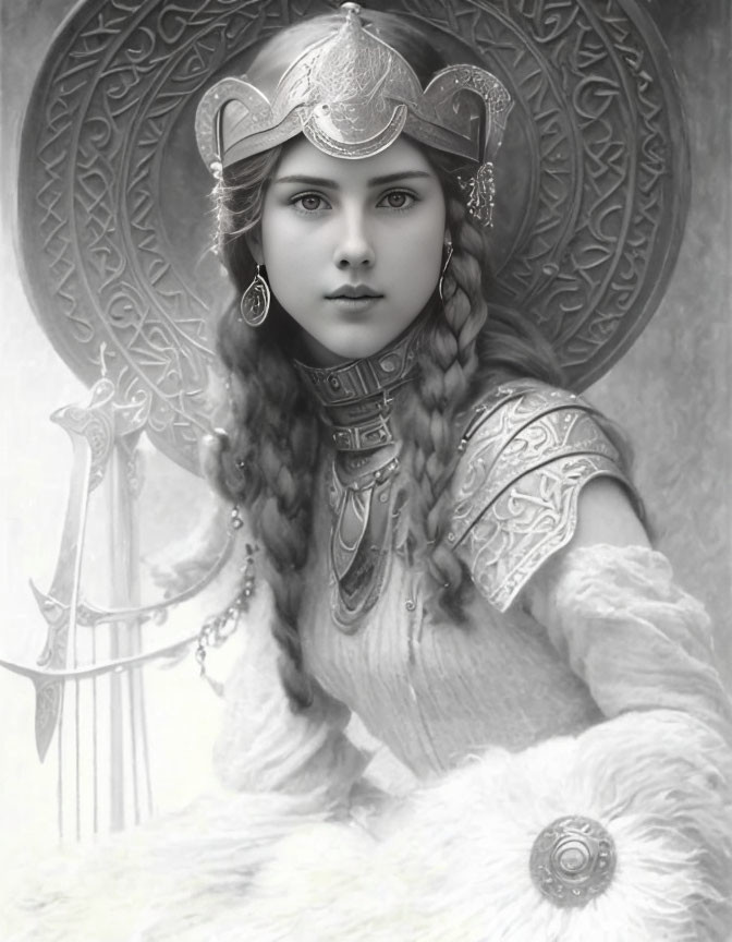 Monochrome picture of a Viking warrior woman with braided hair, helmet, armor, and shield