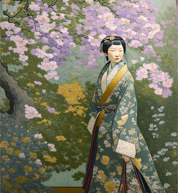 Traditional Japanese painting: Woman in kimono under cherry blossom tree