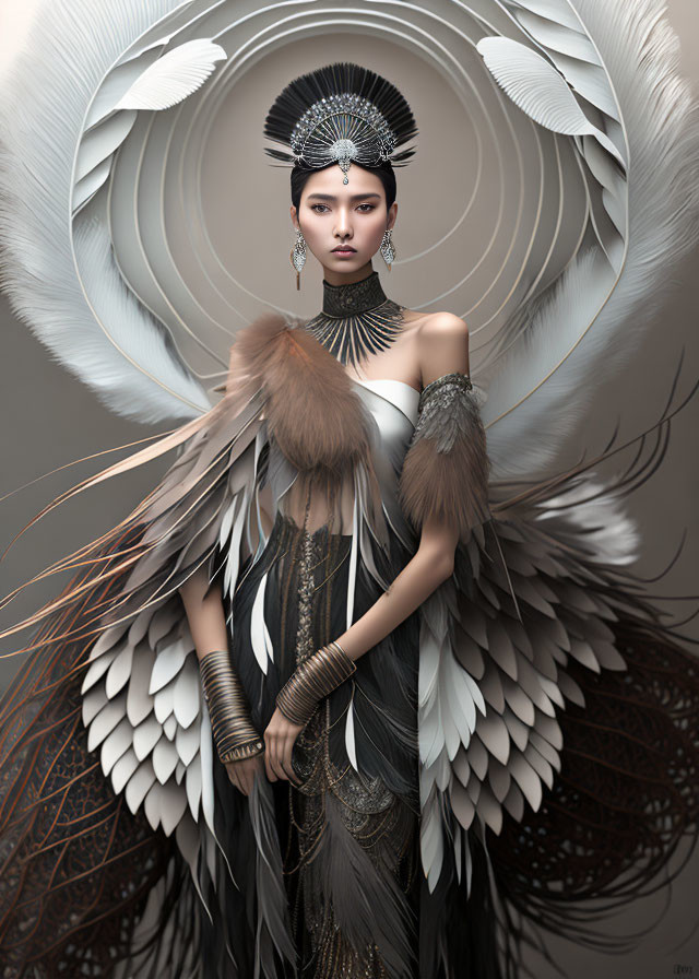 Elaborate feathered headdress and wing-like costume on regal woman