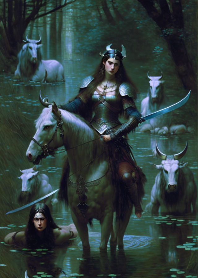 Mystical warrior woman in ornate armor with white bulls in dark forest