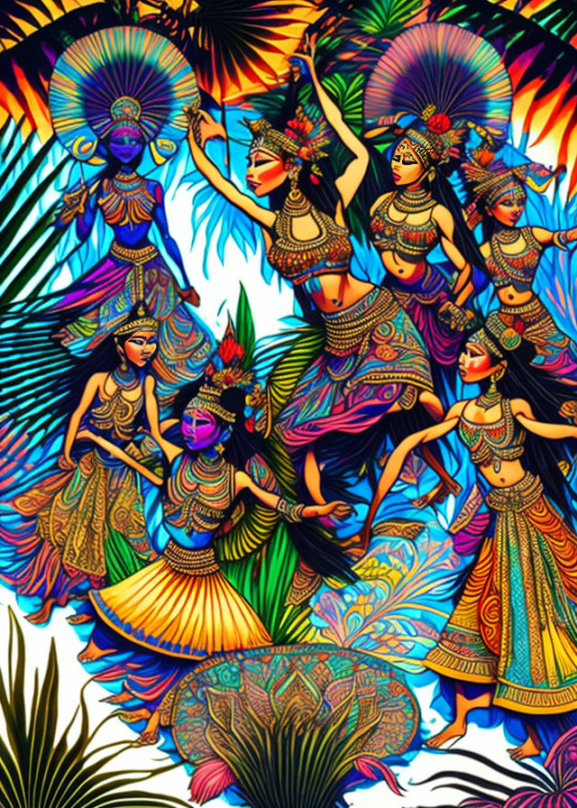 Vibrant illustration of women dancing in ethnic costumes amid tropical backdrop