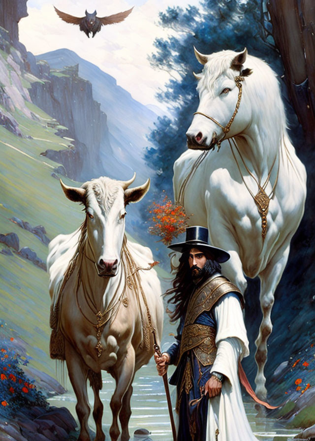 Wizard in ornate robes with majestic white horses under dramatic sky and shadowy bat-like creature