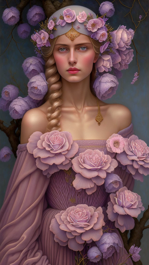 Woman with braided hair and floral headpiece in ruffled mauve dress on blue backdrop