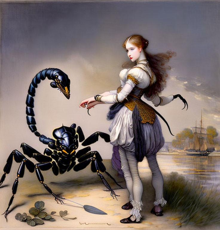 Historical woman confronts menacing scorpion in surreal coastal setting