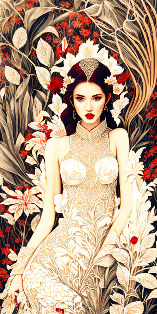 Illustrated woman with dark hair in golden outfit surrounded by abstract red and white flora