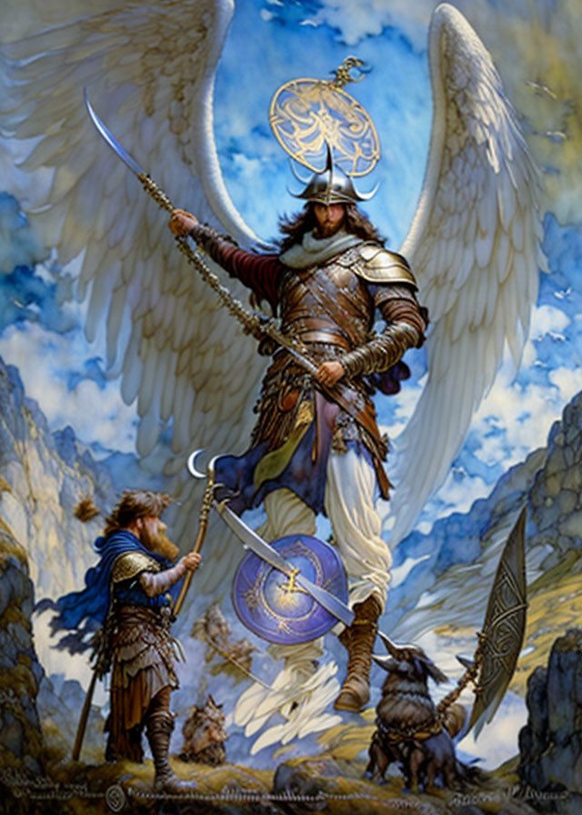 Fantasy illustration of warrior with white wings in ornate armor conversing in mountainous landscape