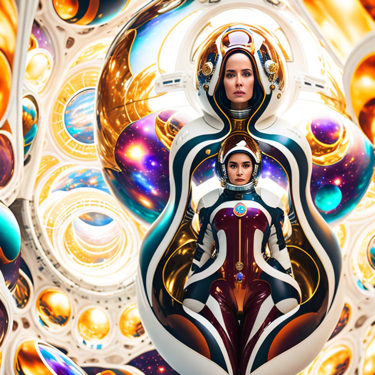 Futuristic digital artwork: Two women in space suits on cosmic background