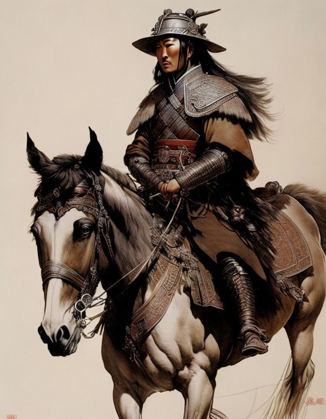 Armored warrior in East Asian attire riding ornately adorned horse