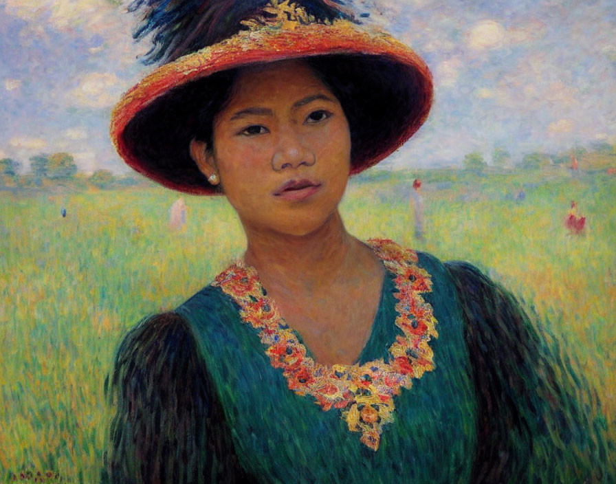 Woman in Straw Hat with Floral Dress in Impressionistic Field