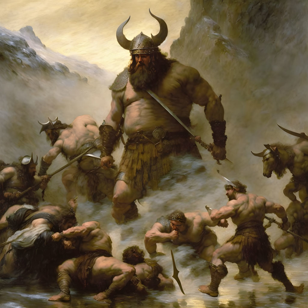 Viking warrior painting in battle scene.