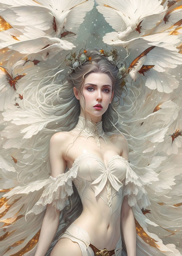 Elf-like woman adorned with twig crown and white butterflies.