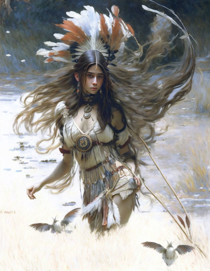 Woman in feathered headdress and flowing dress walking in field with birds and billowing hair