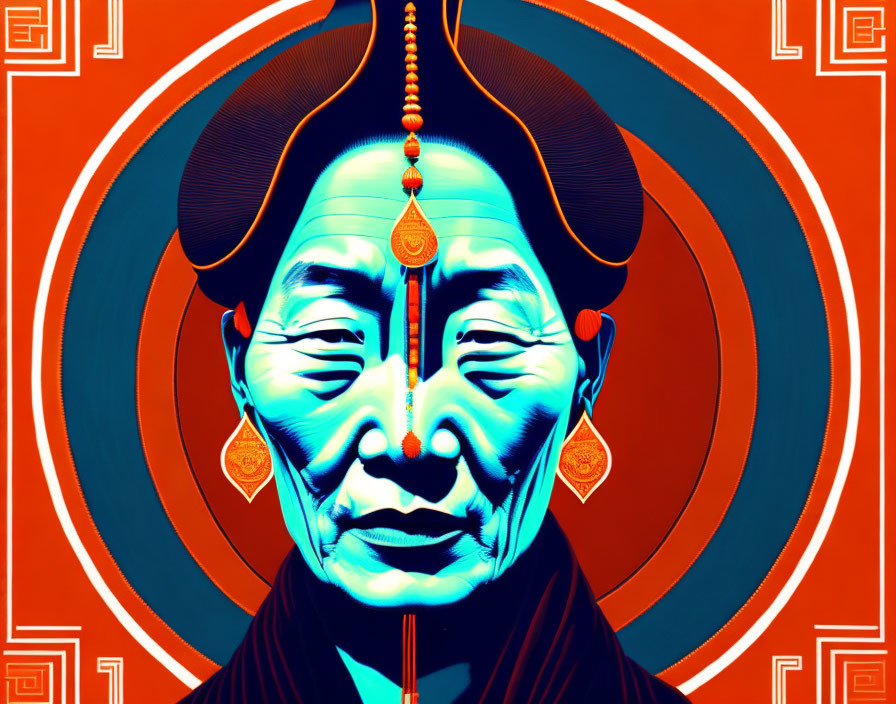 Symmetrical digital portrait of elderly person with cultural adornments