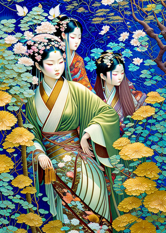 Three women in traditional Asian attire against a floral backdrop with one holding a fan.