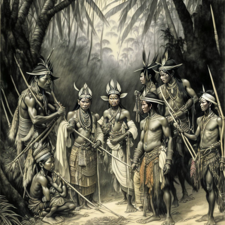 Monochrome illustration of indigenous people in traditional attire amidst dense jungle