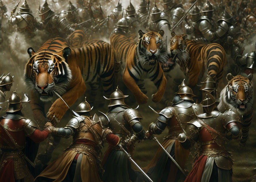 Surreal battle scene with armor-clad warriors and fierce tigers in chaotic dust.