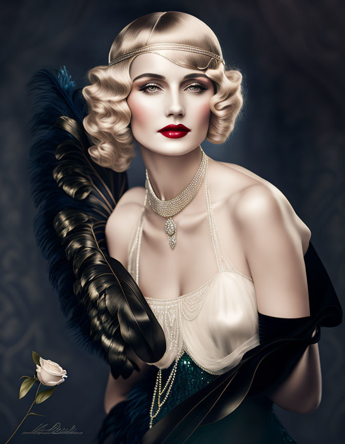 1920s Fashion Illustrated Portrait of a Woman with Waved Hair and Feather