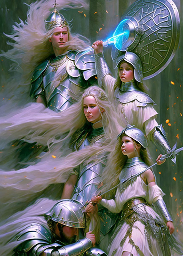 Fantasy characters in armor with glowing sword, shield-bearer, and followers ready for battle