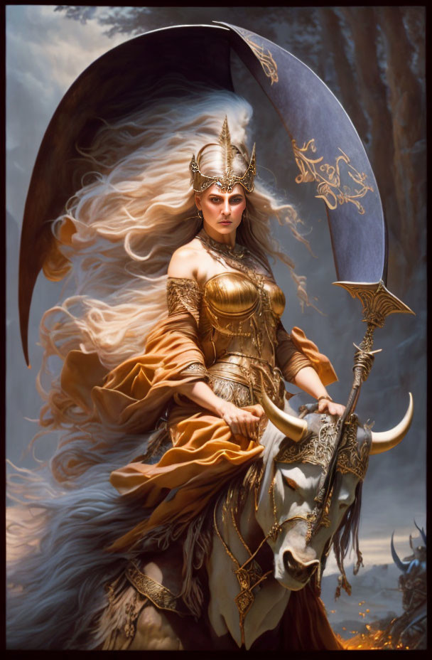 Golden-armored female figure with scythe and wings.