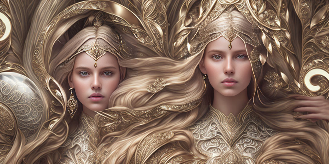 Two Women in Elaborate Golden Headdresses and Blonde Hair Amid Regal Fantasy Atmosphere