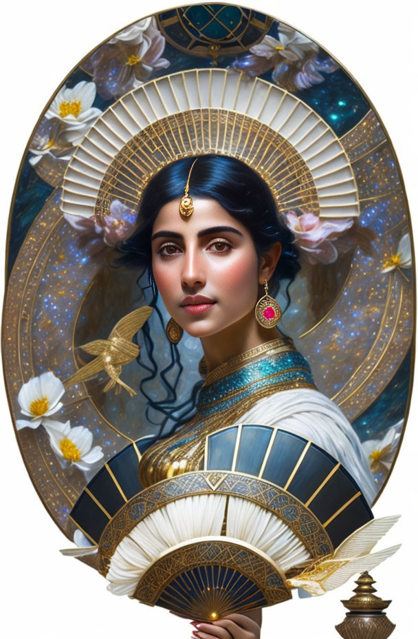 Portrait of woman in traditional attire with dark hair and blue eyes in ornate celestial-themed frame