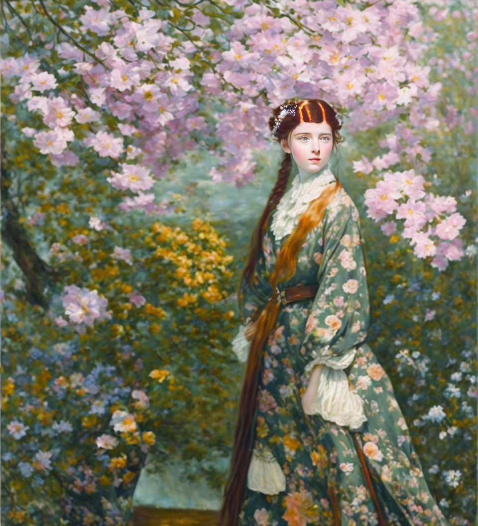 Woman in floral dress surrounded by blooming trees and pink flowers