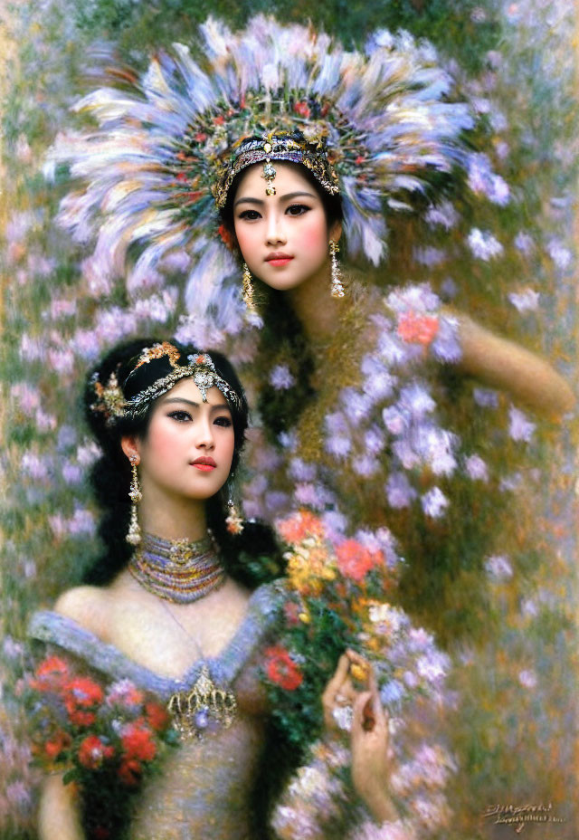 Two Women with Elaborate Headdresses and Jewelry in a Floral Impressionistic Setting