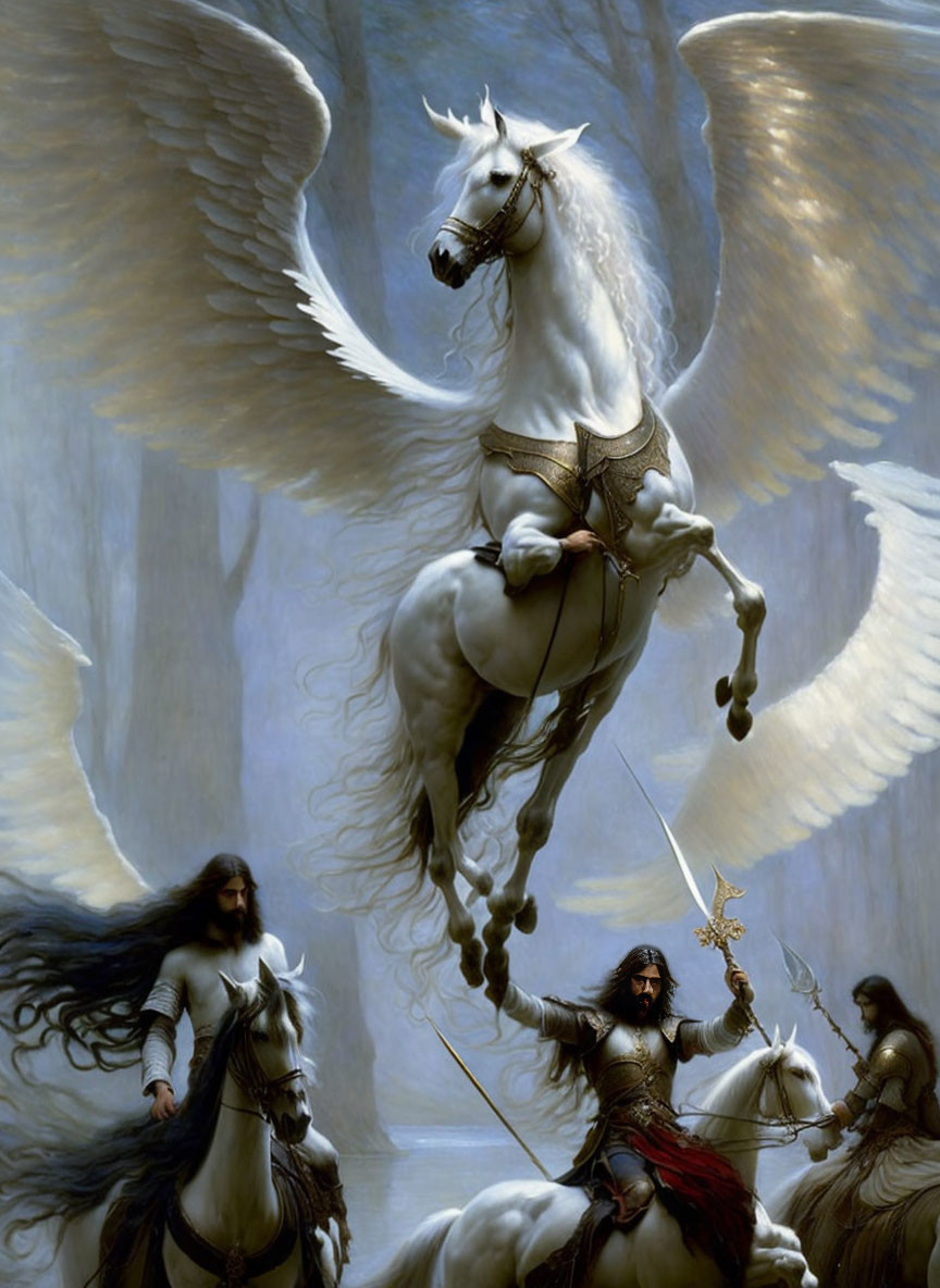 Majestic winged white horse and armored warriors in fantasy battle scene