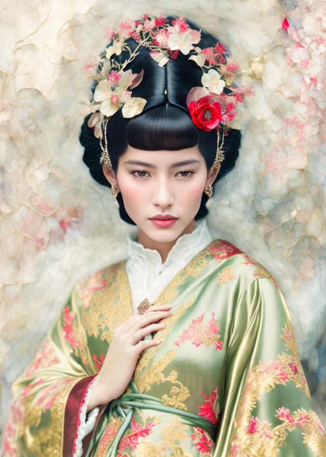 Traditional Asian Attire Woman with Floral Hairstyle and Blurred Blossoms