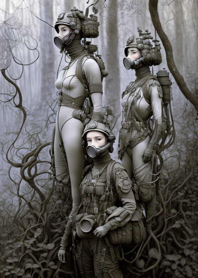 Three people in gas masks and bodysuits in misty forest among twisted vines