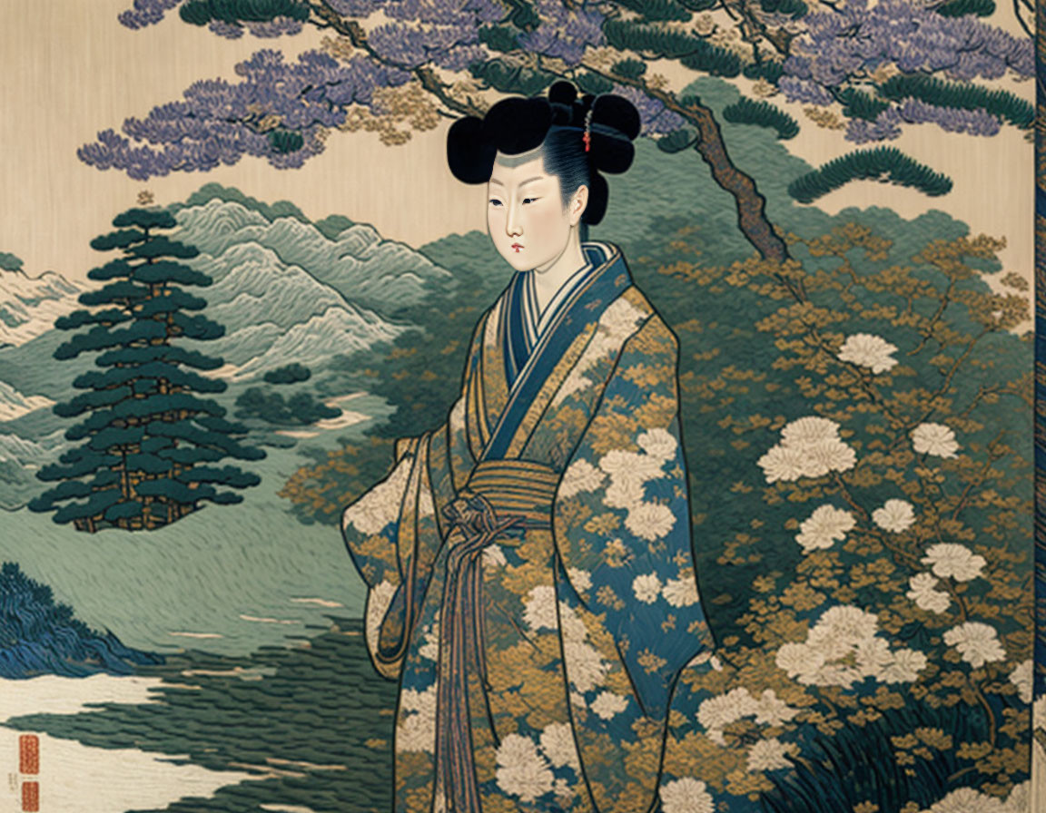 Traditional Japanese Ukiyo-e Artwork: Woman in Kimono with Mountain Scenery