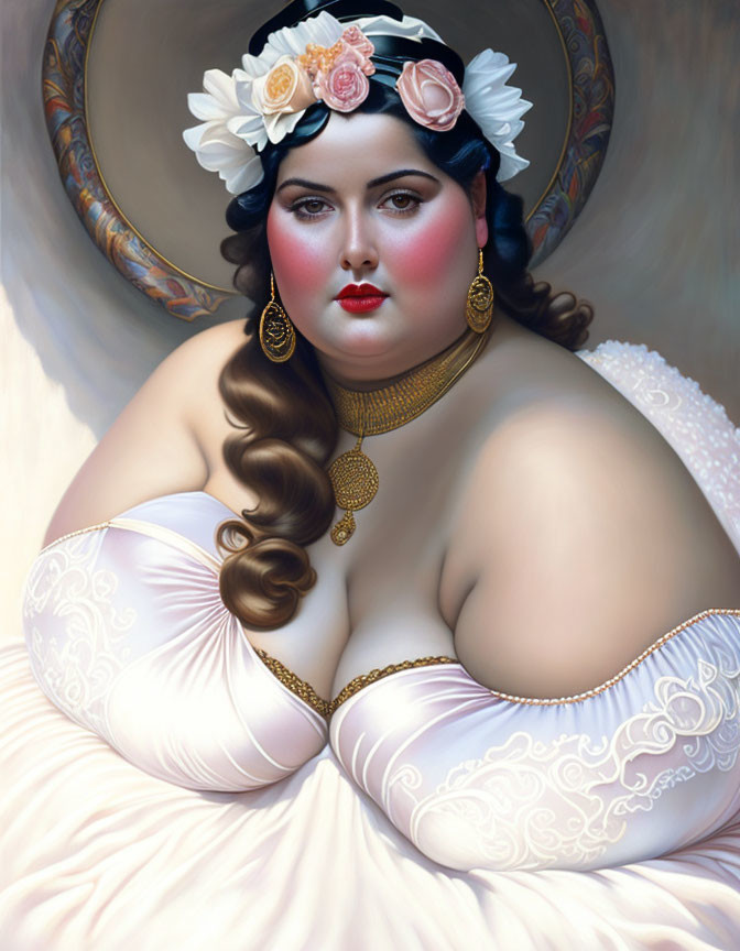 Voluptuous woman with floral headpiece and golden jewelry in white gown