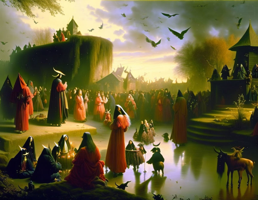 Fantasy-themed painting of cloaked figures with animal masks at twilight