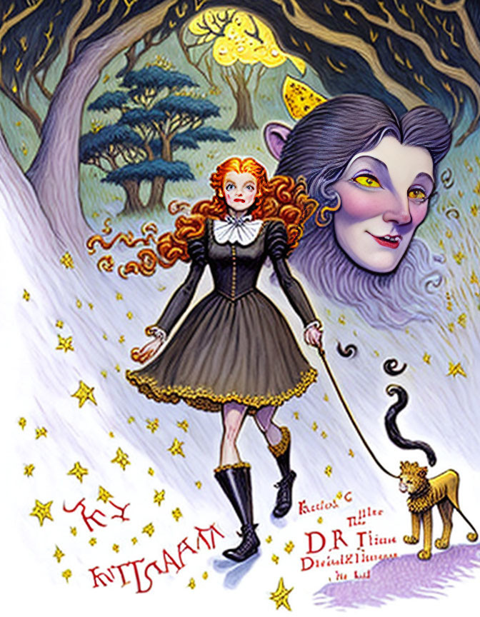 Purple-skinned cat humanoid and orange-haired woman in black dress in whimsical forest with stars and lion