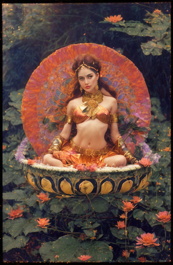 Golden Attired Woman Meditating on Blossoming Flower