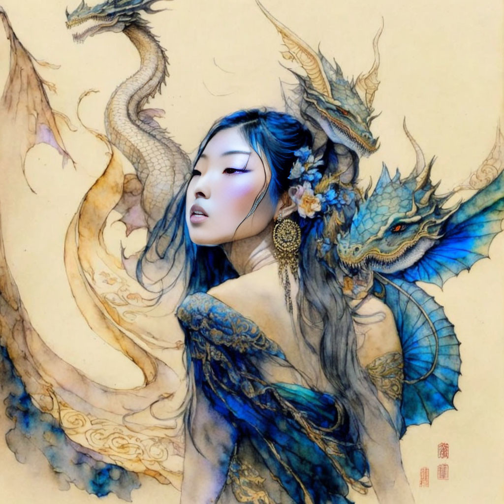 Illustration of girl with blue dragon in Asian fantasy theme