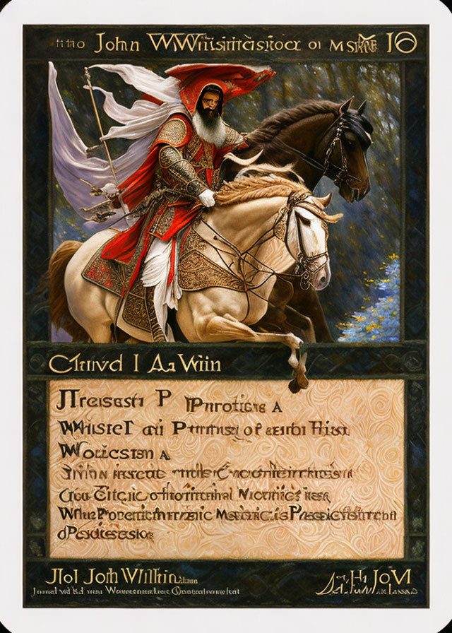 Medieval-themed playing card with knight in red and white armor on horse