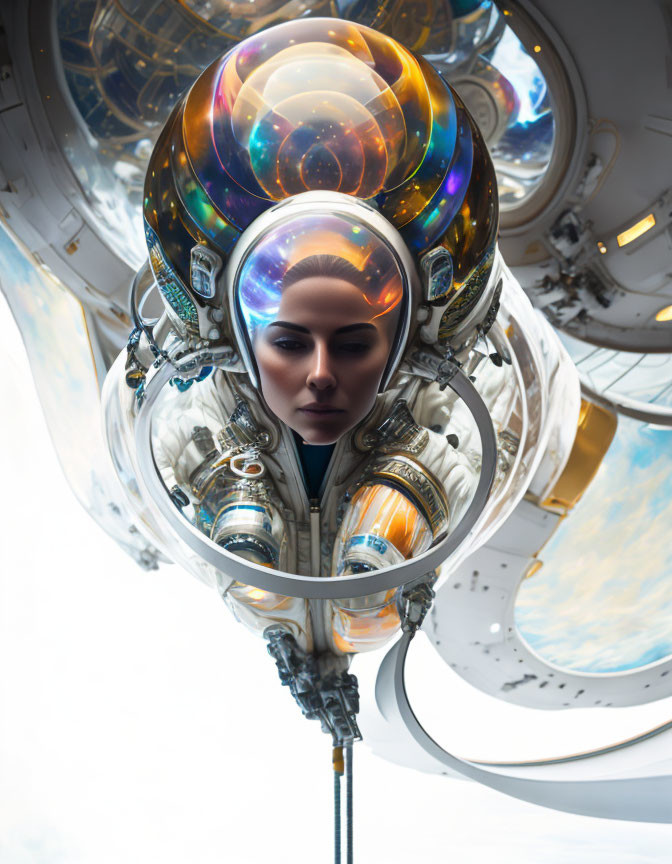 Futuristic portrait: person with high-tech helmet and swirling galaxies against sky-like background