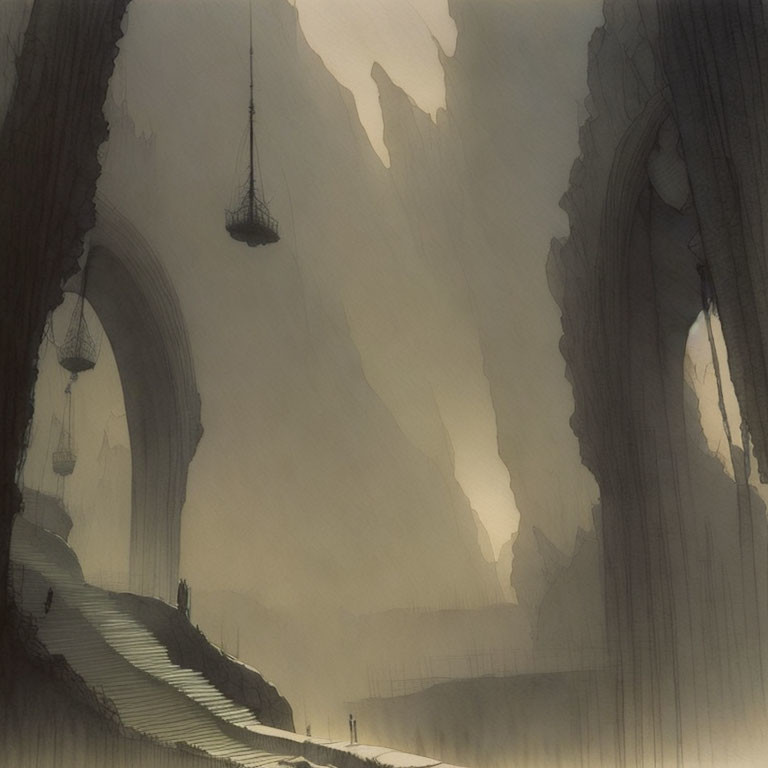 Misty stone arches, lanterns, and figure in atmospheric scene