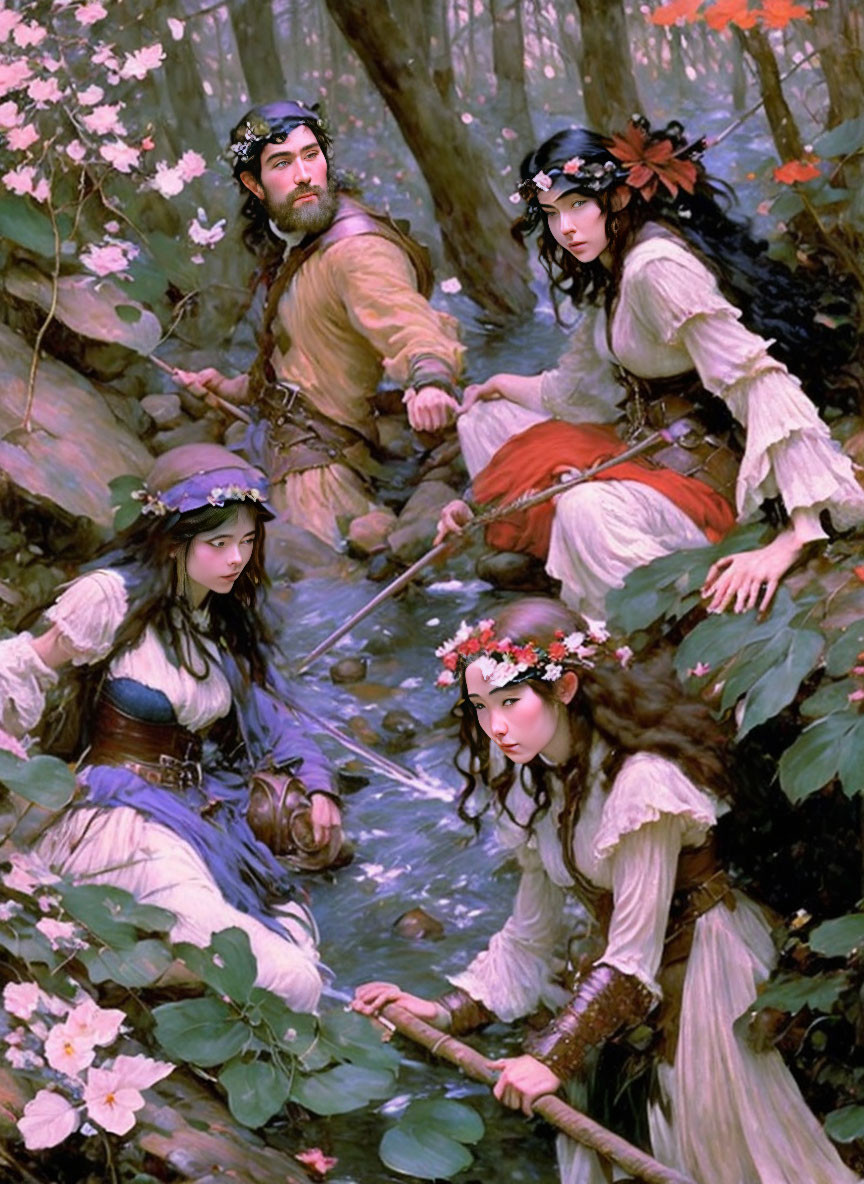 Four individuals in historical attire with flower crowns near a stream in a romantic painting