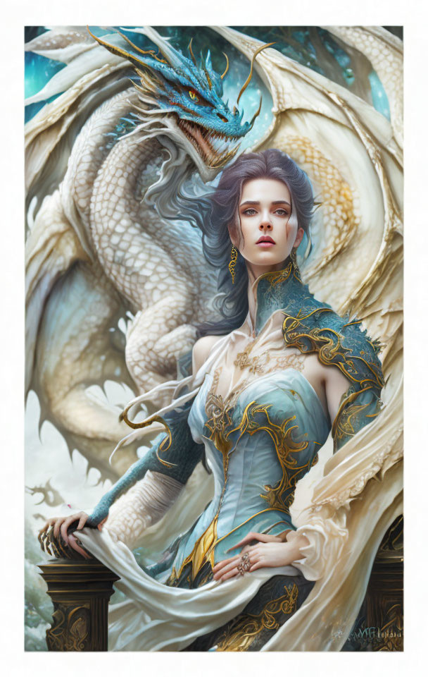 Elegant woman with poised expression next to majestic blue dragon