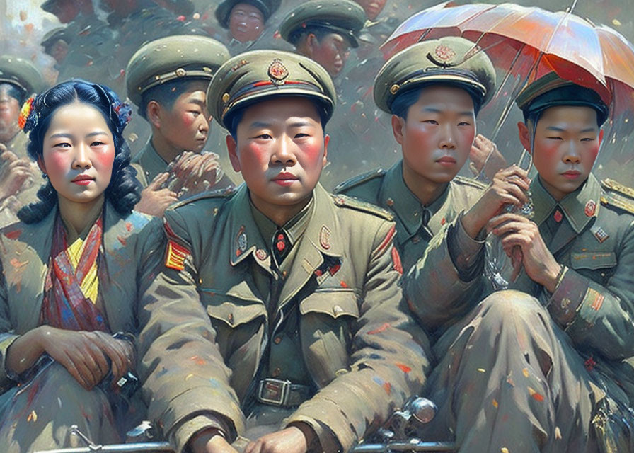 Digital art: Four identical faces in military uniforms over crowd painting