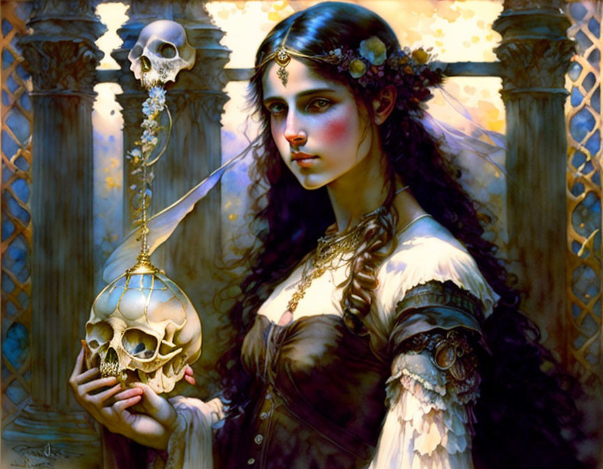 Dark-haired woman with skulls chain & jeweled headpiece on ornate background