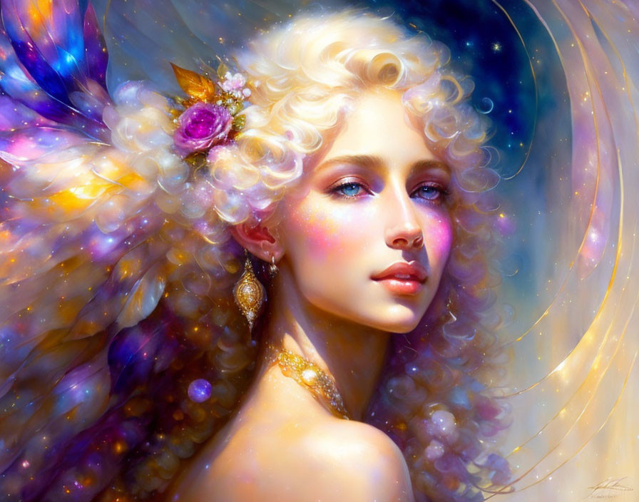 Digital artwork of ethereal woman with blonde hair, flower, jewelry, cosmic background