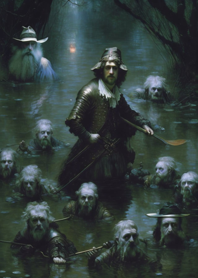 Colonial figure in swamp with submerged beings and wizard.