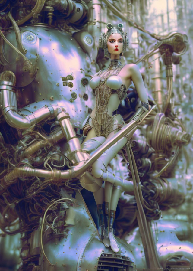 Futuristic female android with intricate body mechanics in industrial setting