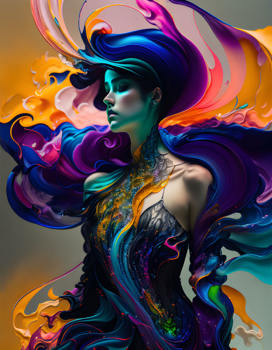 Colorful Digital Artwork: Woman with Flowing Hair in Abstract Waves